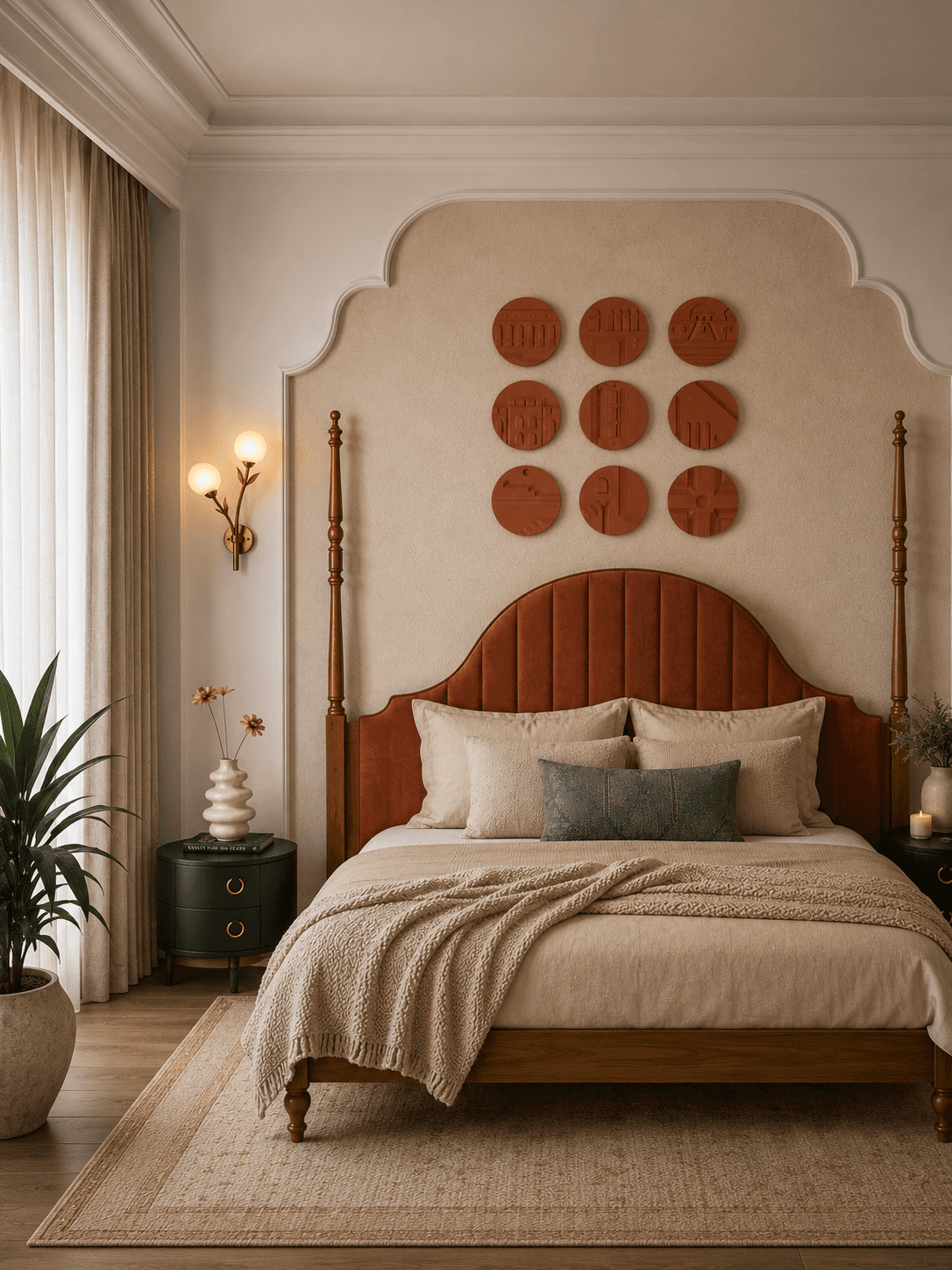 Modern bedroom with a rust-orange velvet headboard, terracotta wall reliefs, and layered neutral bedding