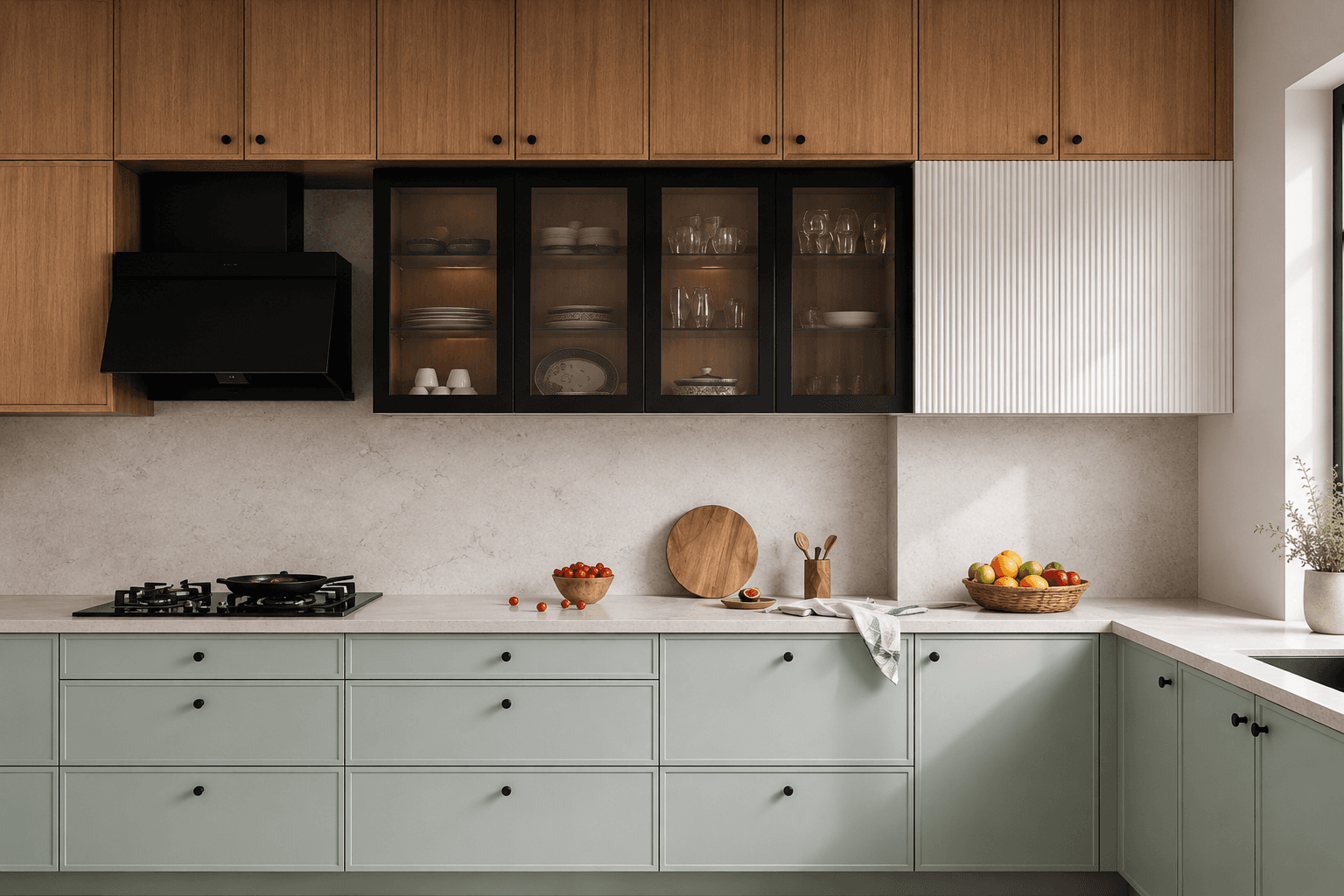 Modern kitchen with sage green lower cabinets, natural wood uppers, black range hood, and black-framed glass displays