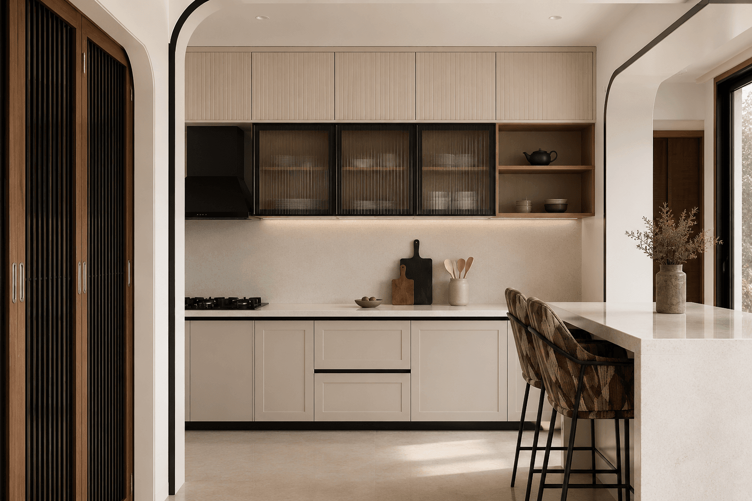 Minimalist Japandi kitchen with fluted beige cabinets, black-framed glass cupboards, and a white stone island