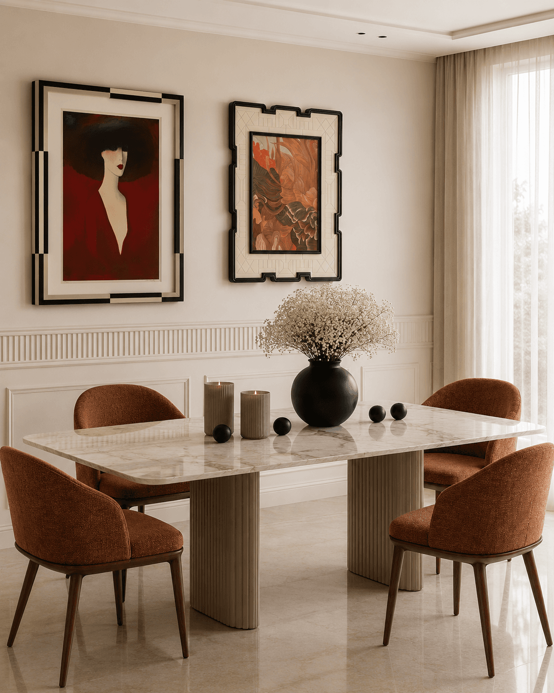 Minimalist Japandi kitchen with fluted beige cabinets, black-framed glass cupboards, and a white stone island